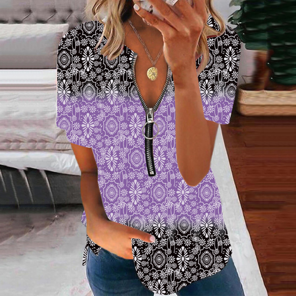 Zipper Tribal Printed V Neck Casual T-Shirt