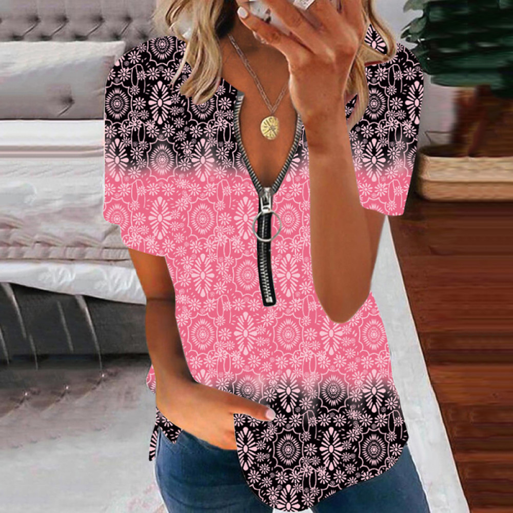 Zipper Tribal Printed V Neck Casual T-Shirt