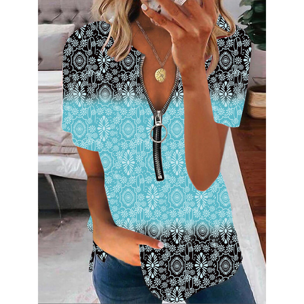 Zipper Tribal Printed V Neck Casual T-Shirt