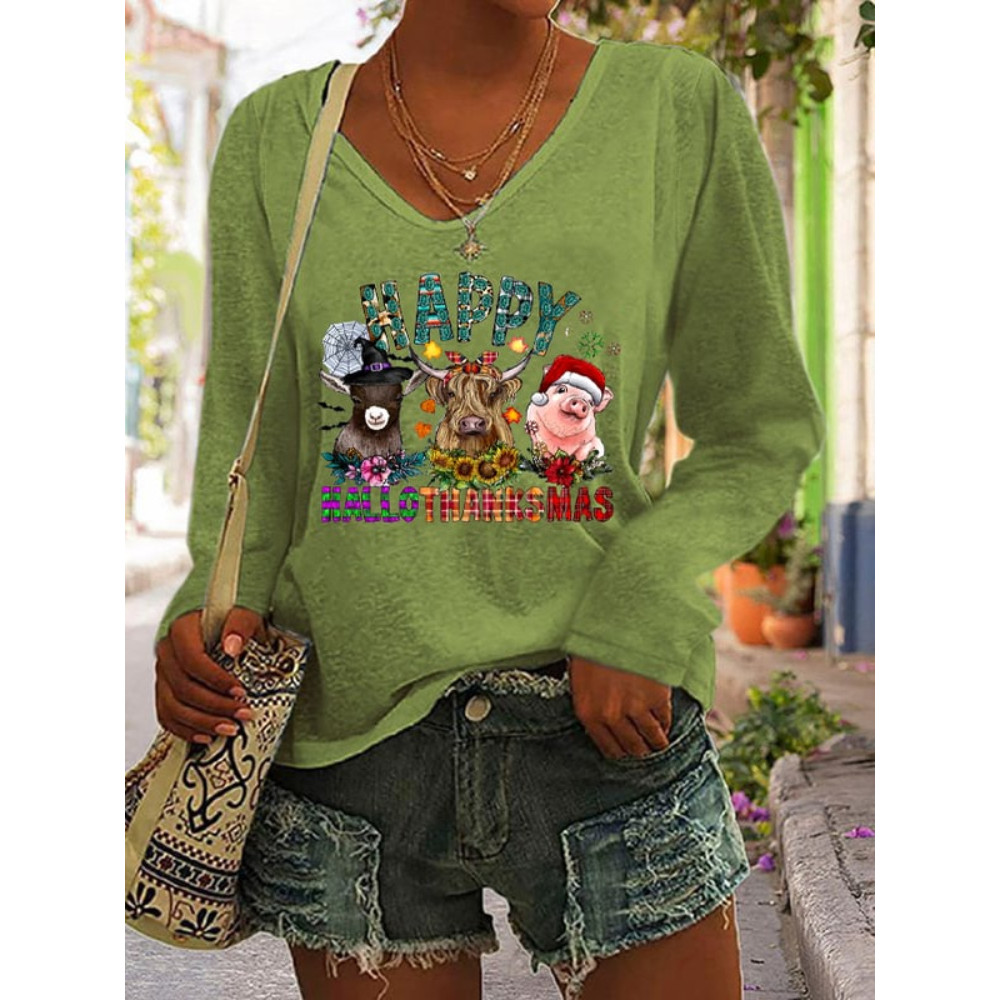 Animal And Flower Print Casual Long Sleeve T Shirt
