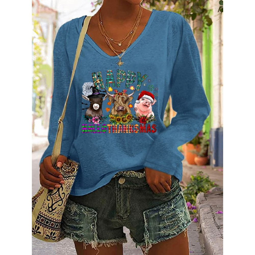 Animal And Flower Print Casual Long Sleeve T Shirt