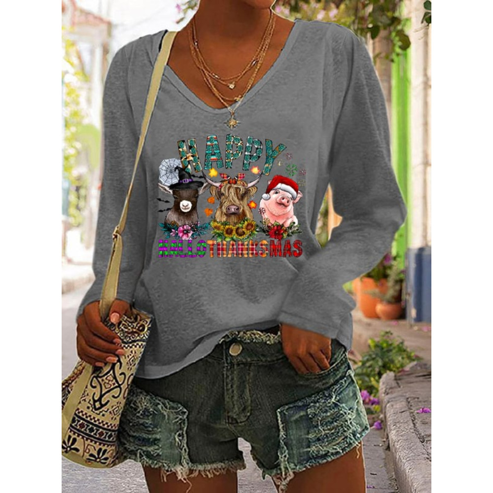 Animal And Flower Print Casual Long Sleeve T Shirt