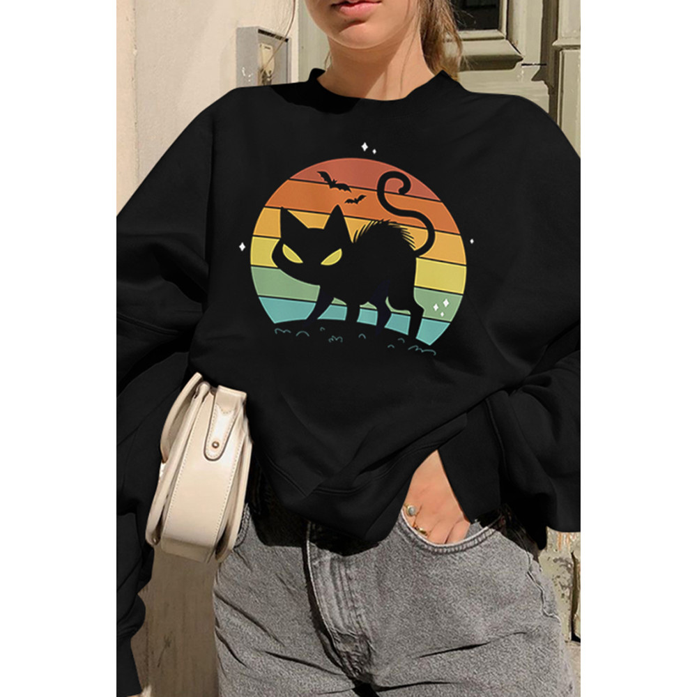 Bat Cat Print Long Sleeve Sweatshirt