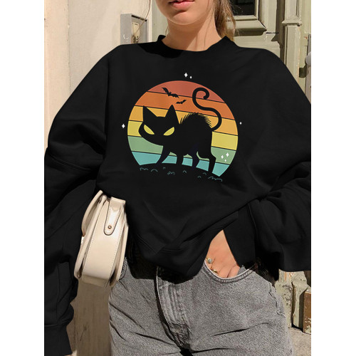 Bat Cat Print Long Sleeve Sweatshirt