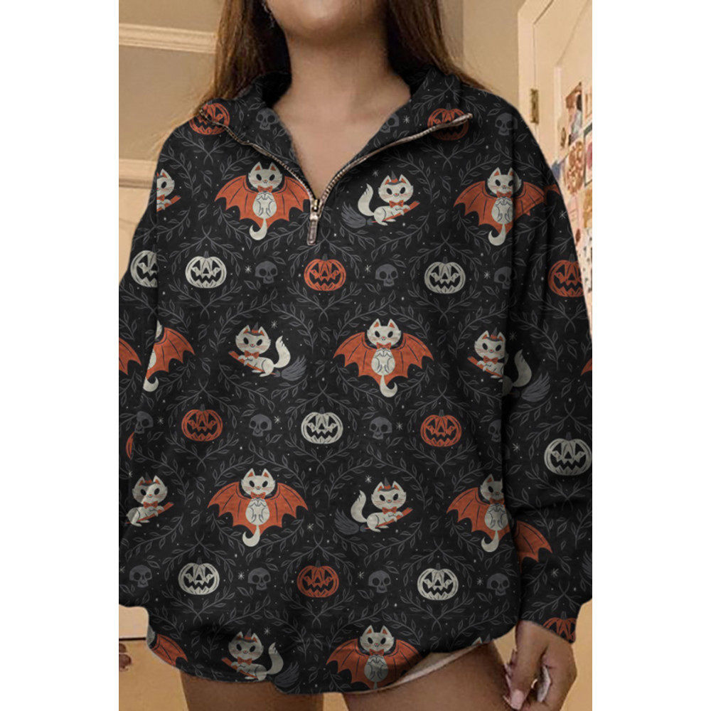 Batcat Halloween Print Zip-Up Sweatshirt
