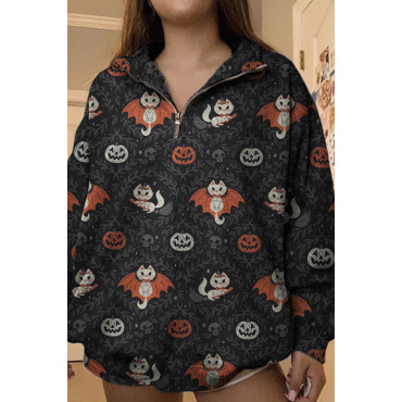 Batcat Halloween Print Zip-Up Sweatshirt