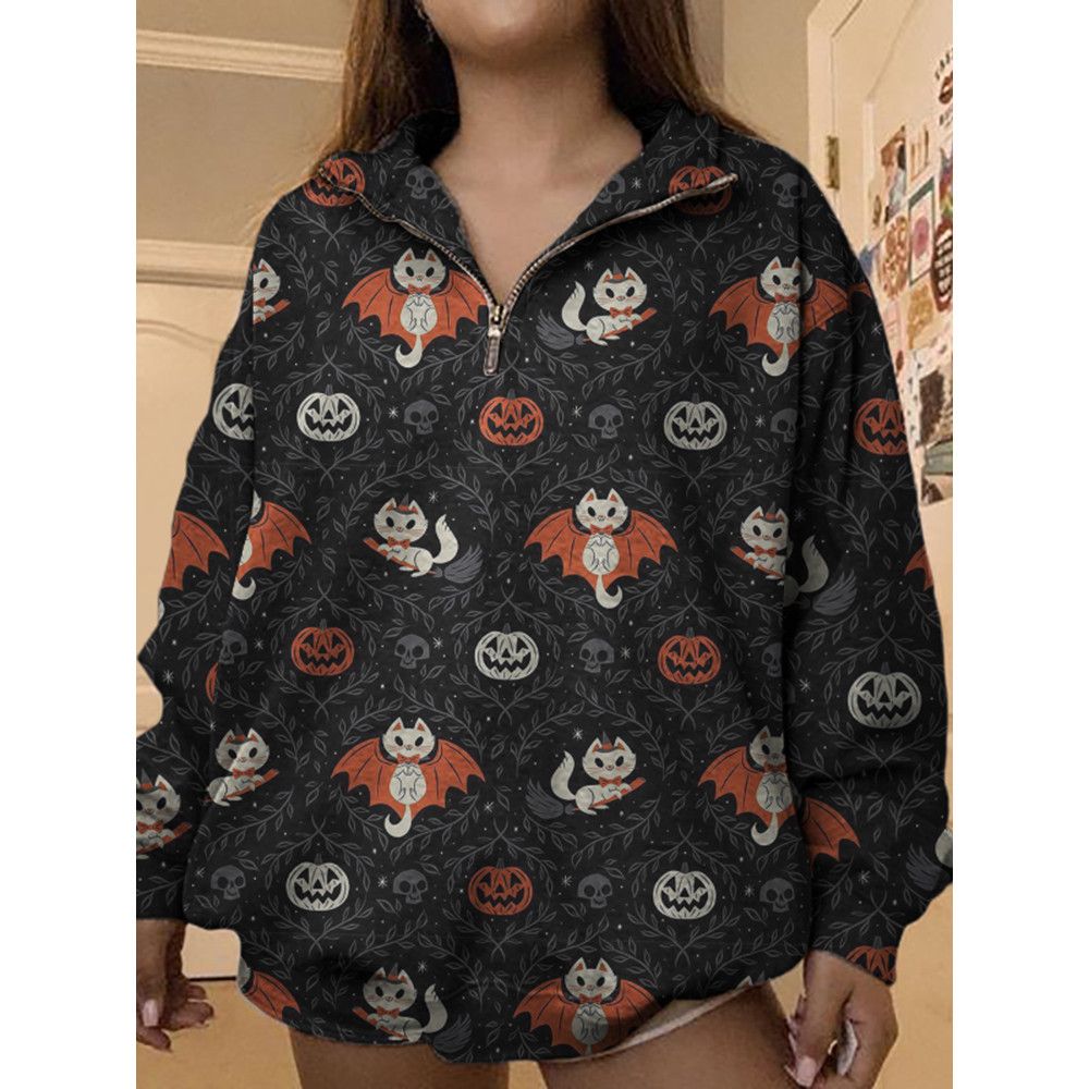 Batcat Halloween Print Zip-Up Sweatshirt