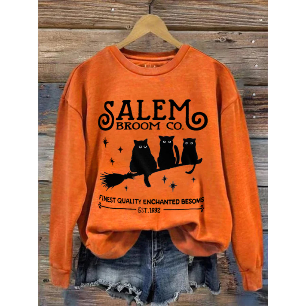 Best Quality Magic Broom Est.1692 Halloween Black Cat Print Sweatshirt