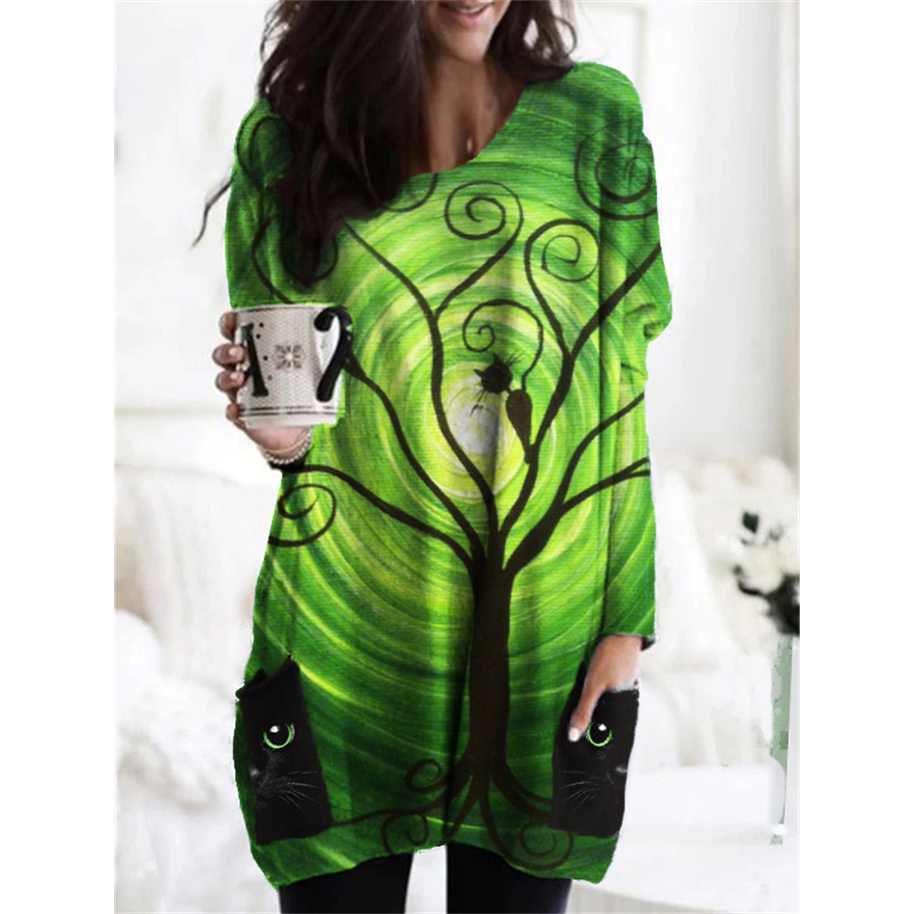 Black Cat Art Cat Face Patch Pocket Tunic
