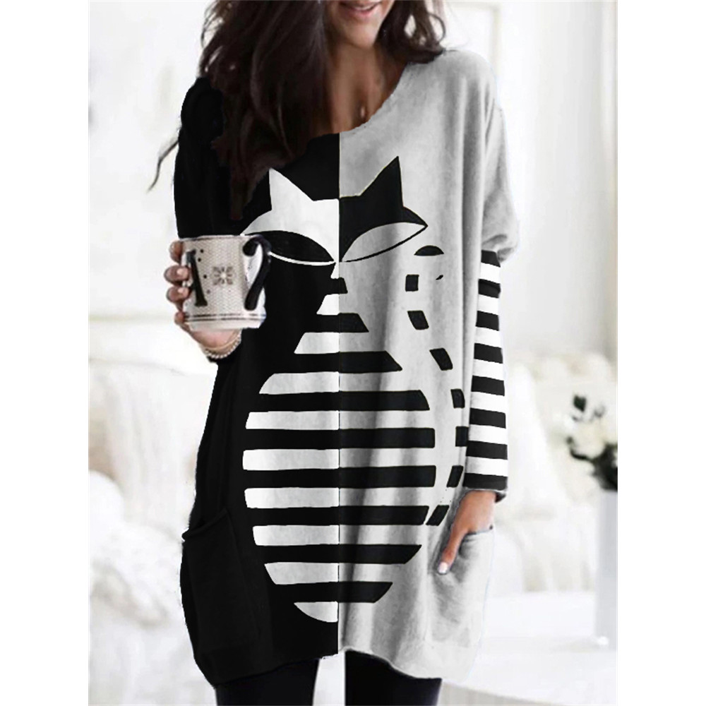 Black Cat Contrast Striped Patchwork Patch Pocket Tunic