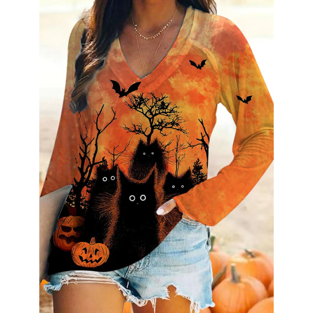 Black Cat Print V-Neck Long Sleeve T-Shirt