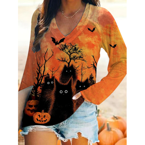 Black Cat Print V-Neck Long Sleeve T-Shirt