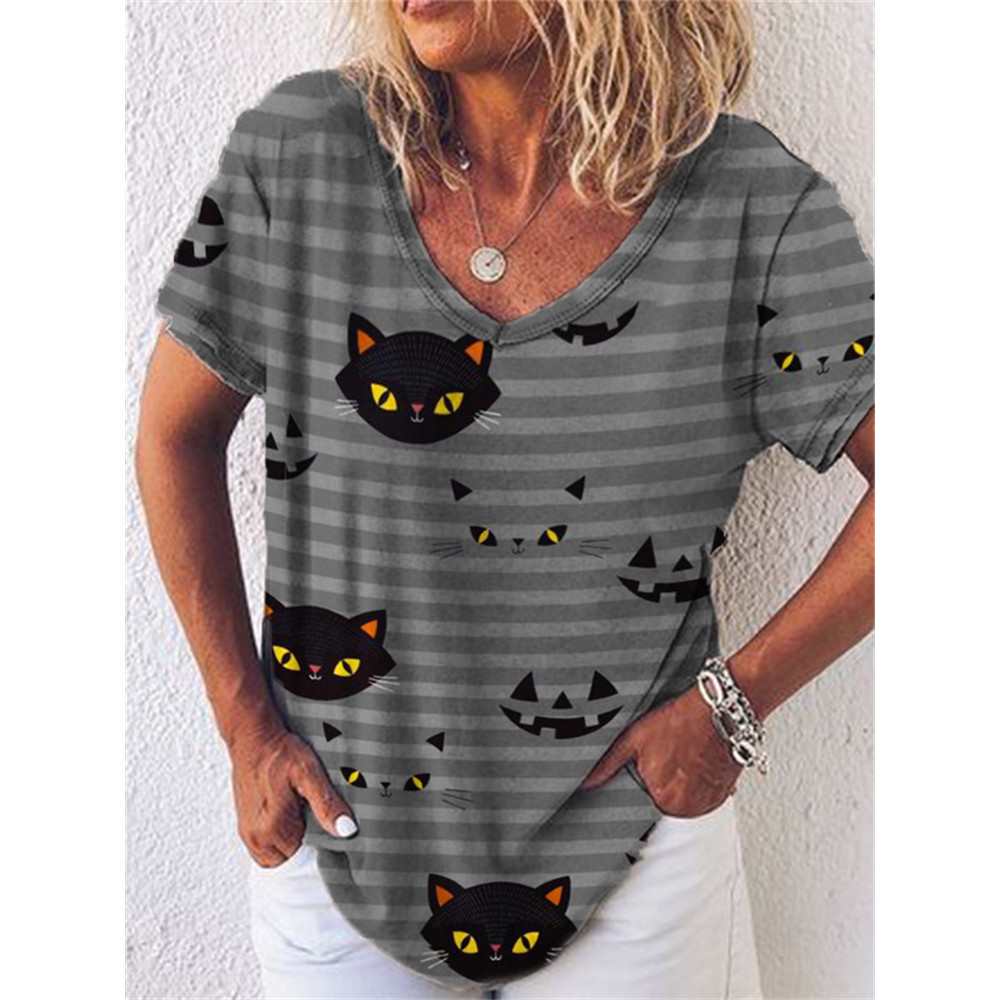 Black Cats & Pumpkin Faces Striped V Neck T Shirt