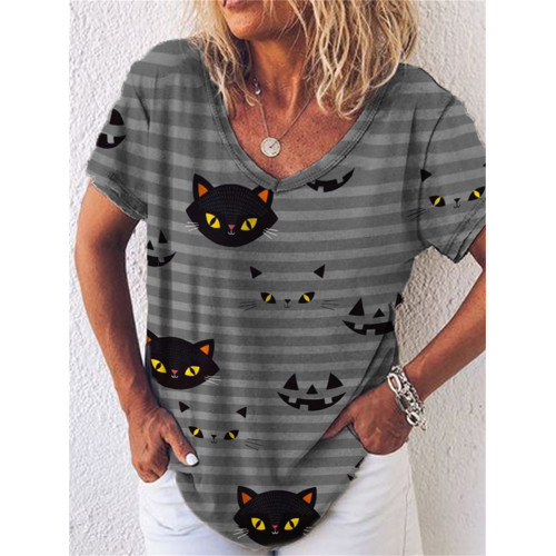 Black Cats & Pumpkin Faces Striped V Neck T Shirt