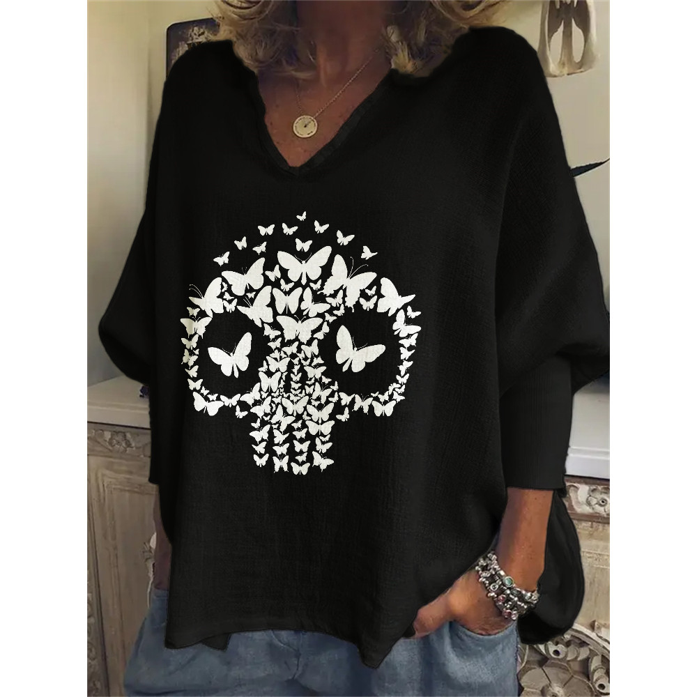 Butterflies Skull Graphic V Neck Oversize Tunic