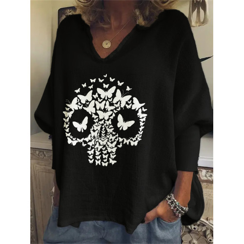 Butterflies Skull Graphic V Neck Oversize Tunic