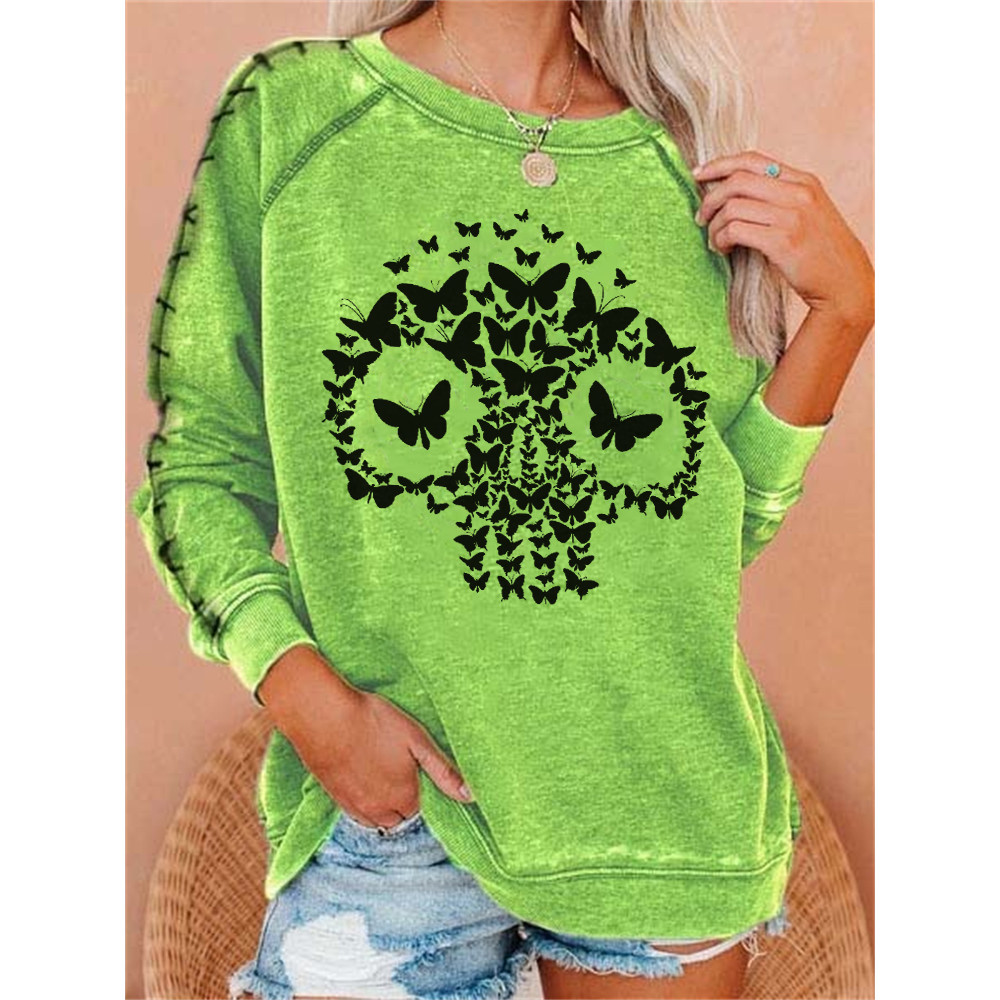 Butterflies Skull Stitched Sleeve Graphic Sweatshirt