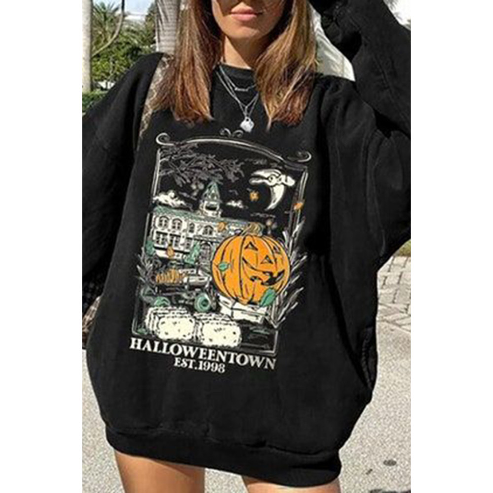 Casual Crew Neck Halloween Print Long Sleeve Sweatshirt