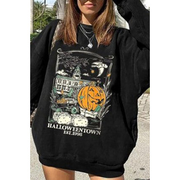 Casual Crew Neck Halloween Print Long Sleeve Sweatshirt