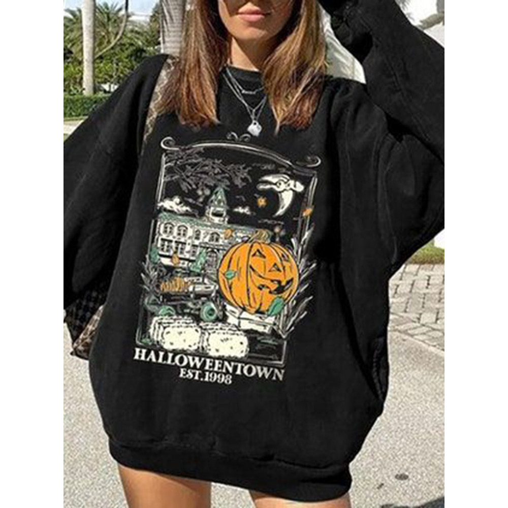 Casual Crew Neck Halloween Print Long Sleeve Sweatshirt