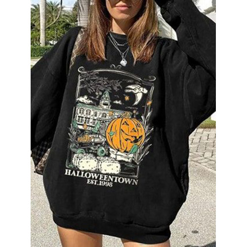 Casual Crew Neck Halloween Print Long Sleeve Sweatshirt