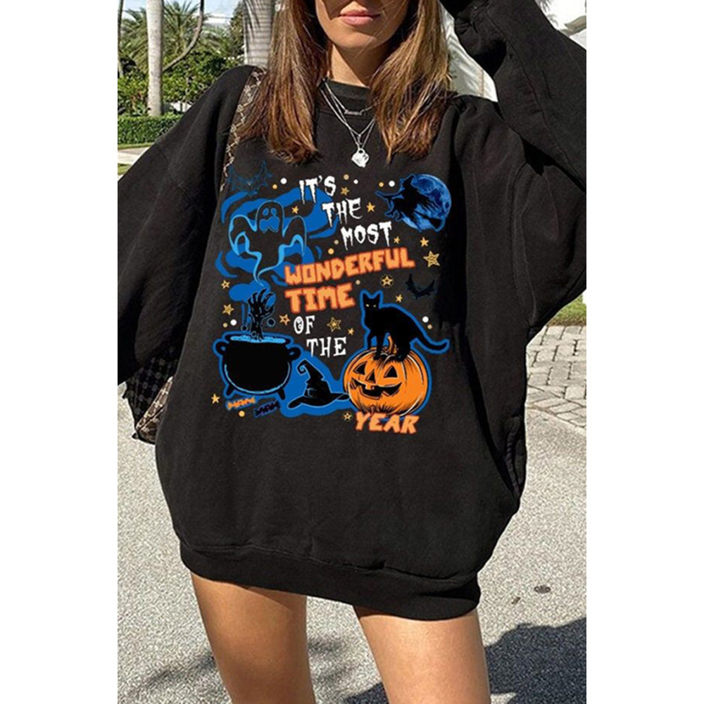 Casual Crew Neck Halloween Print Sweatshirt