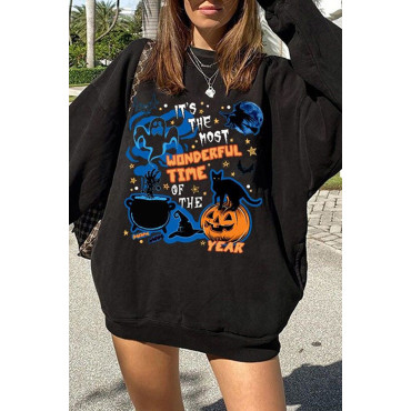Casual Crew Neck Halloween Print Sweatshirt