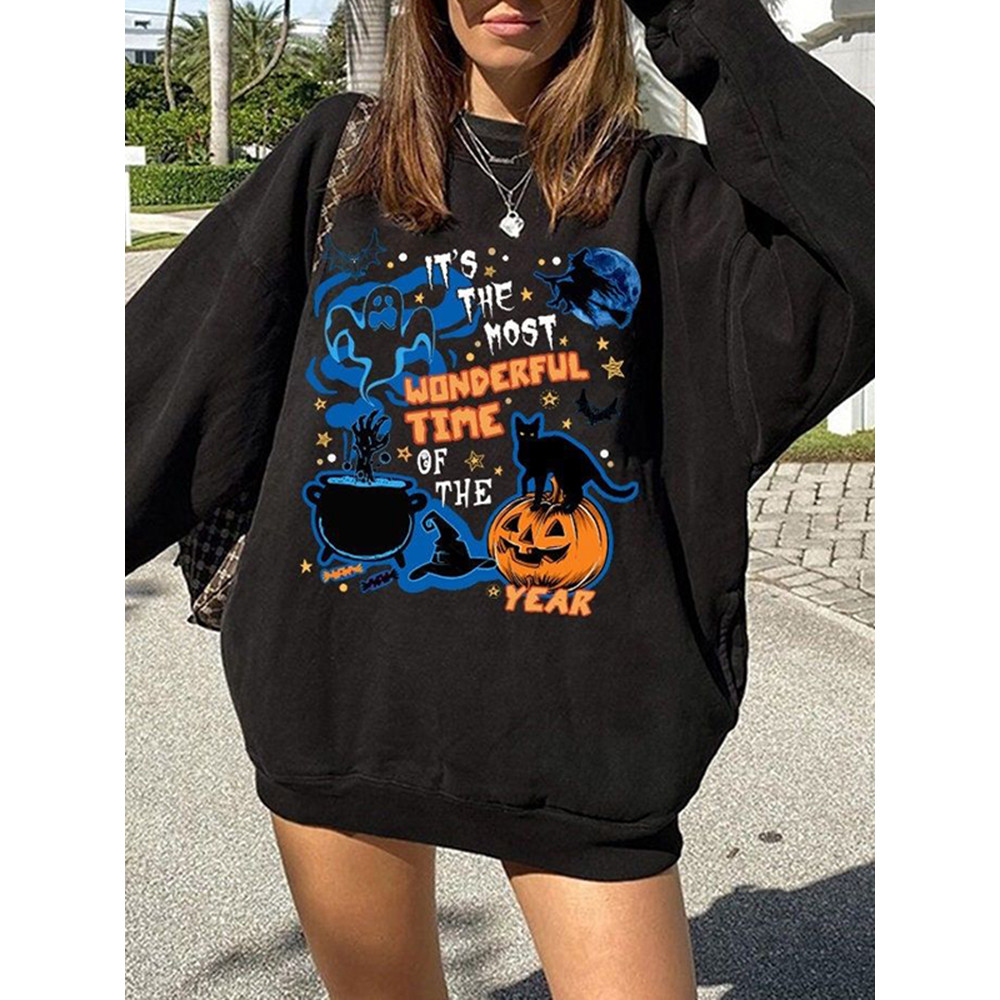 Casual Crew Neck Halloween Print Sweatshirt