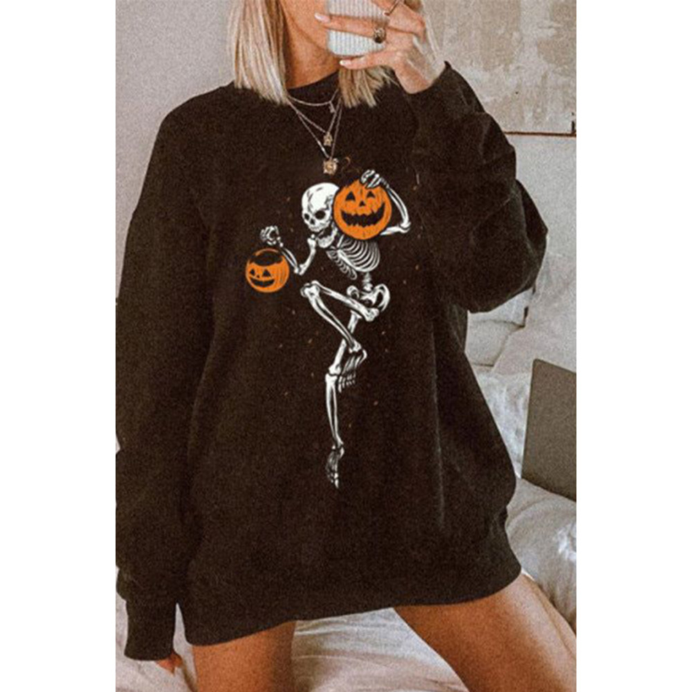 Casual Crew Neck Long Sleeve Halloween Print Sweatshirt
