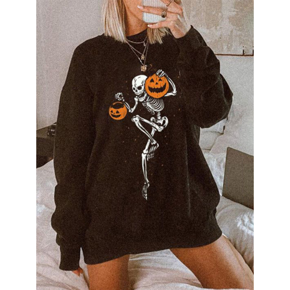 Casual Crew Neck Long Sleeve Halloween Print Sweatshirt