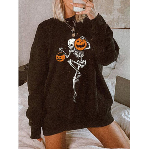 Casual Crew Neck Long Sleeve Halloween Print Sweatshirt