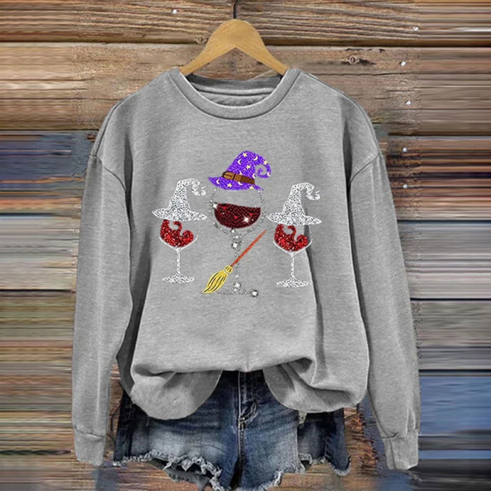 Casual Halloween Wine Glass Print Long Sleeve Sweatshirt