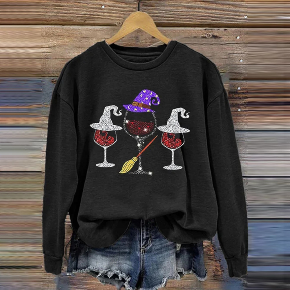 Casual Halloween Wine Glass Print Long Sleeve Sweatshirt