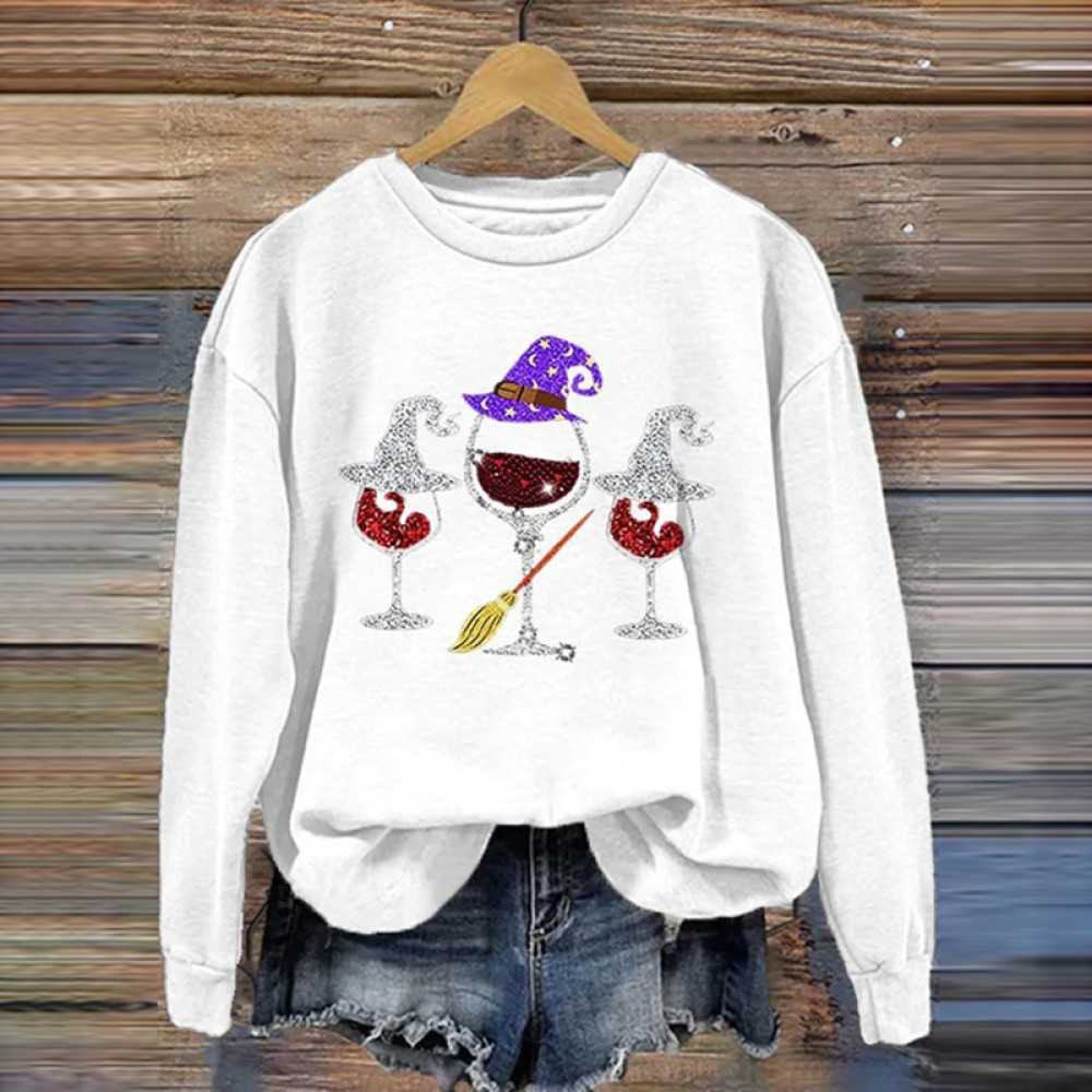 Casual Halloween Wine Glass Print Long Sleeve Sweatshirt