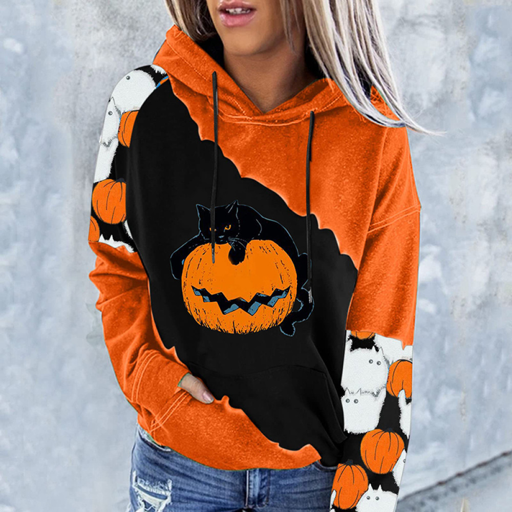 Casual Pumpkin Cat Print Hoodie