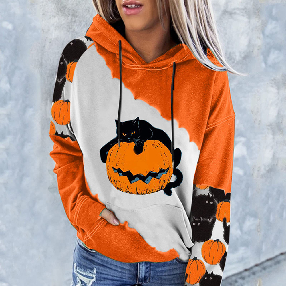 Casual Pumpkin Cat Print Hoodie