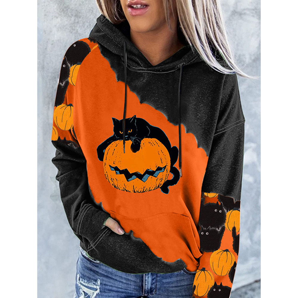 Casual Pumpkin Cat Print Hoodie