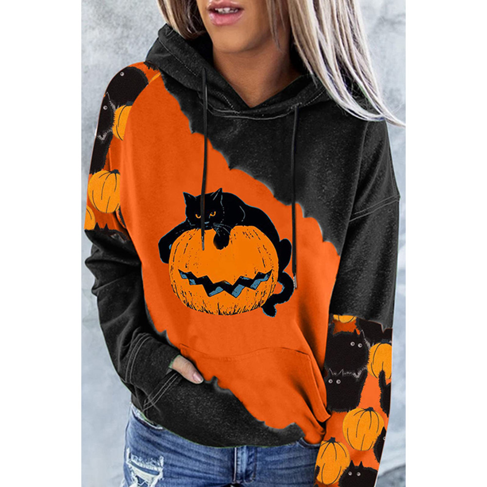 Casual Pumpkin Cat Print Hoodie