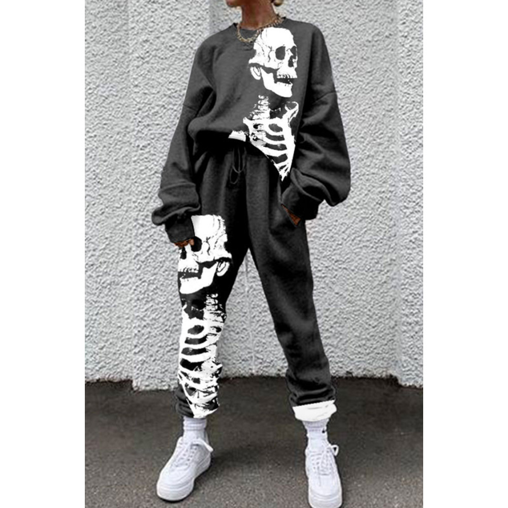 Casual Skull Print Long Sleeve Two Piece Set