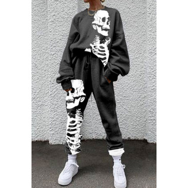 Casual Skull Print Long Sleeve Two Piece Set