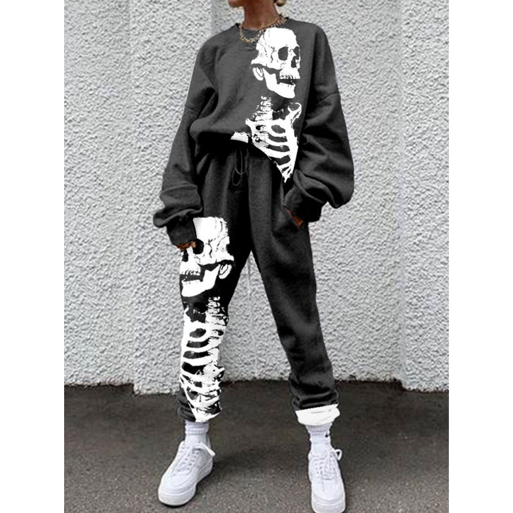 Casual Skull Print Long Sleeve Two Piece Set