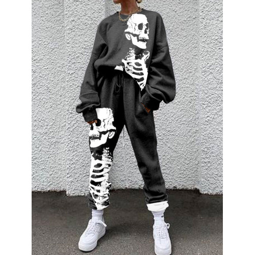Casual Skull Print Long Sleeve Two Piece Set