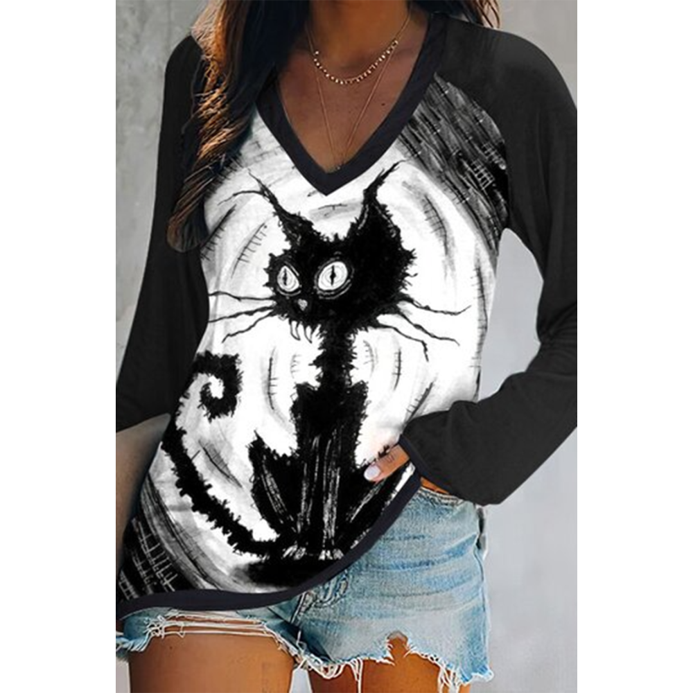 Casual V Neck Cat Print Long Sleeve T-Shirt