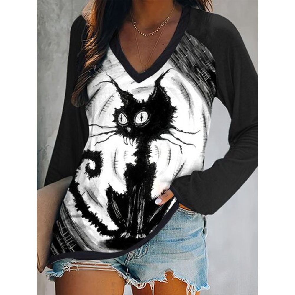 Casual V Neck Cat Print Long Sleeve T-Shirt