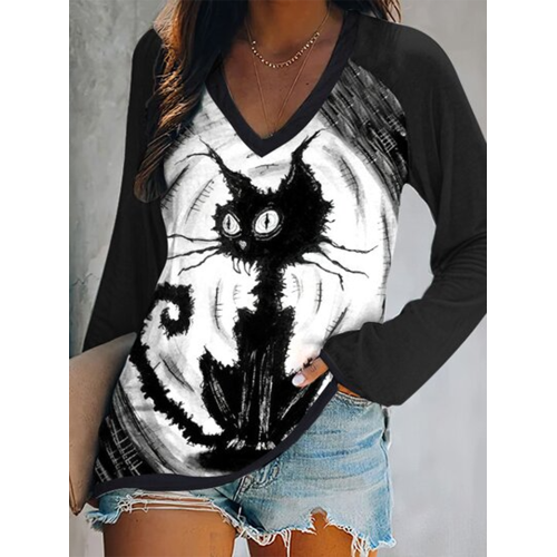 Casual V Neck Cat Print Long Sleeve T-Shirt