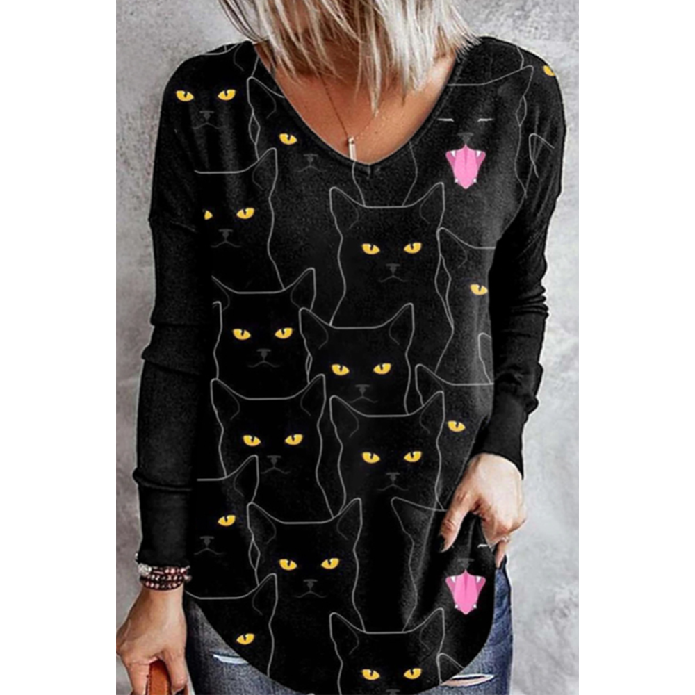 Casual V Neck Contrast Cat Print T-Shirt