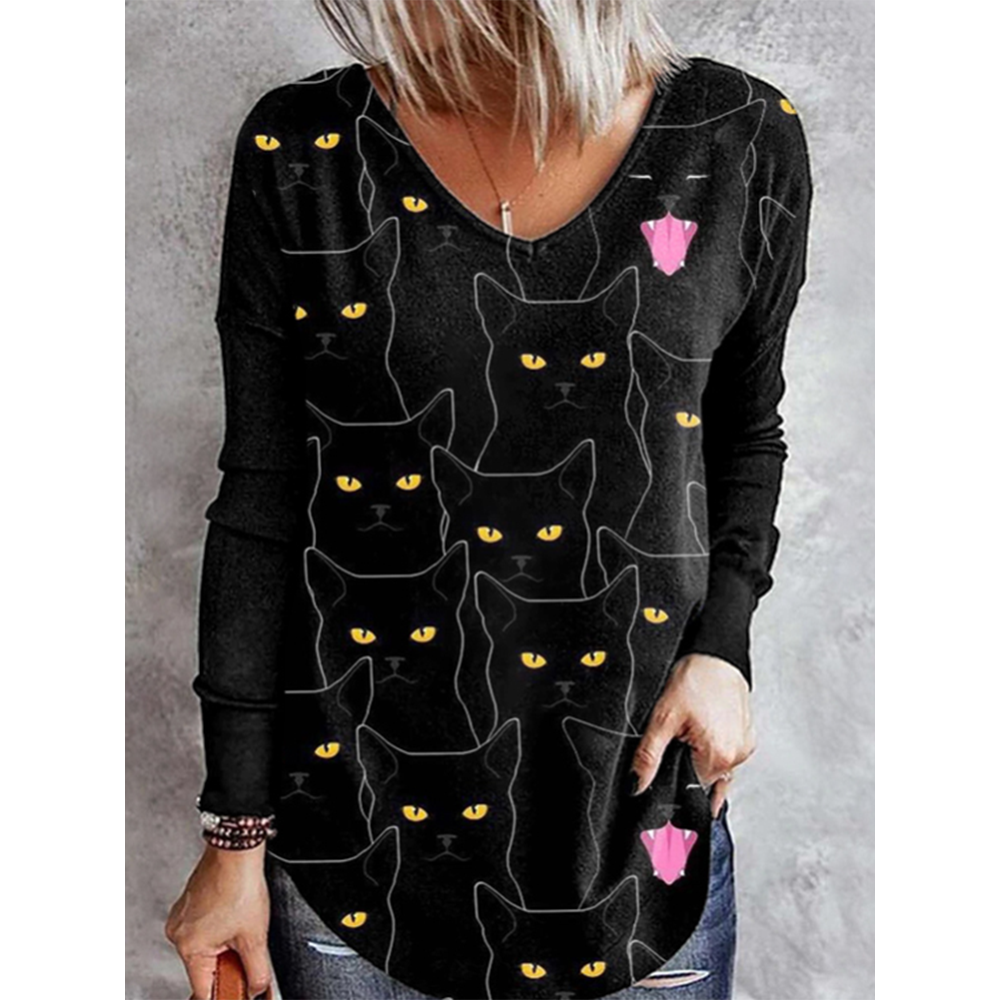 Casual V Neck Contrast Cat Print T-Shirt