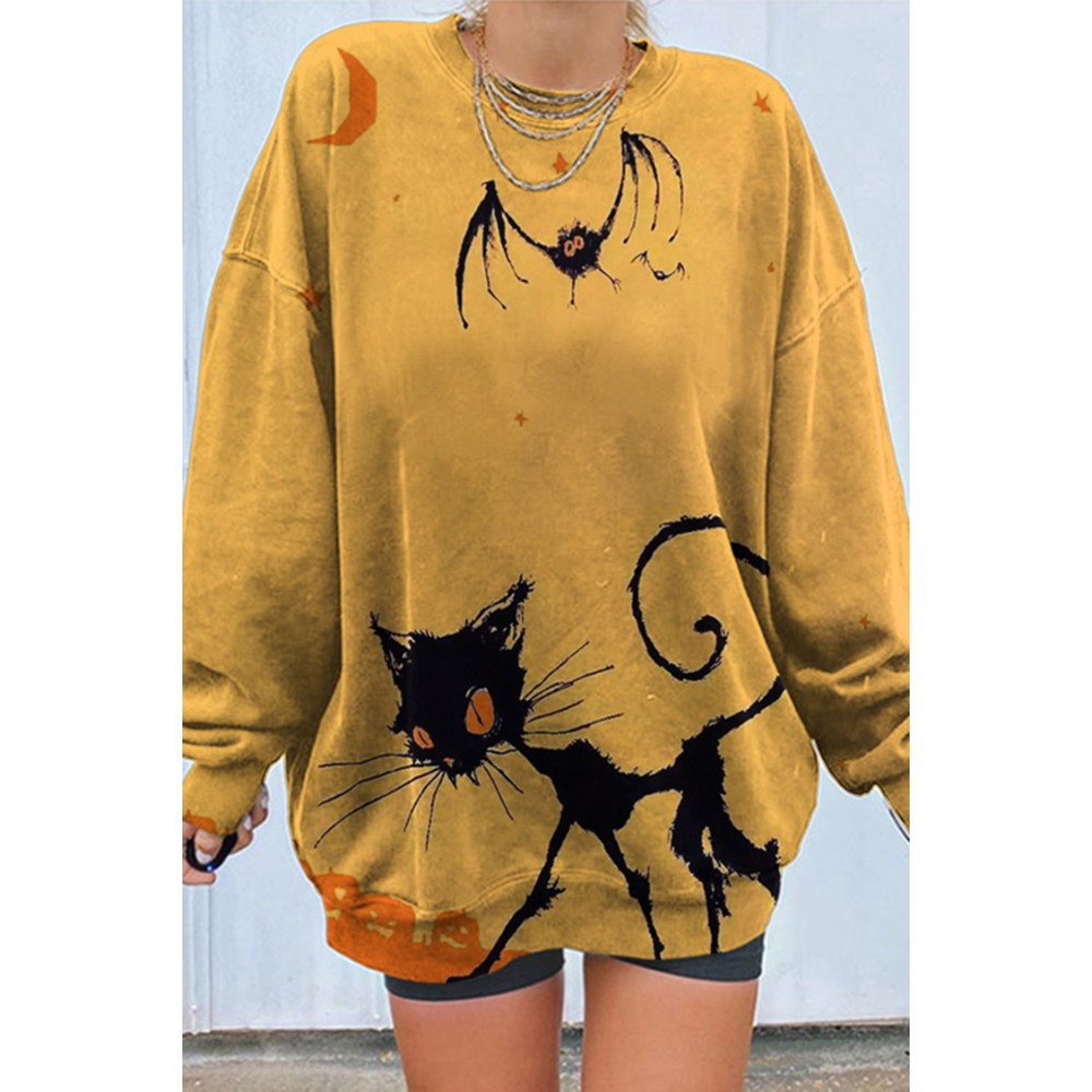 Cat Bat Halloween Print Crew Neck Sweatshirt