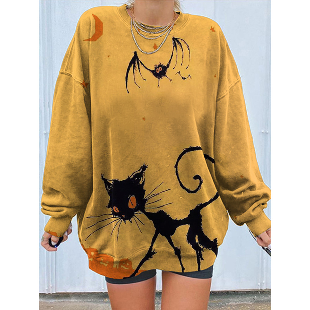 Cat Bat Halloween Print Crew Neck Sweatshirt