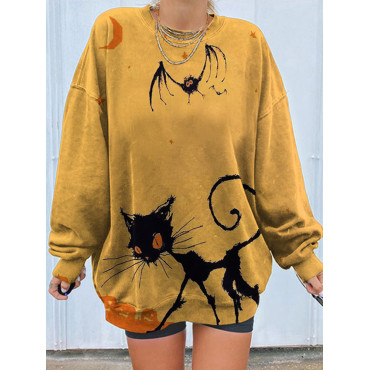 Cat Bat Halloween Print Crew Neck Sweatshirt